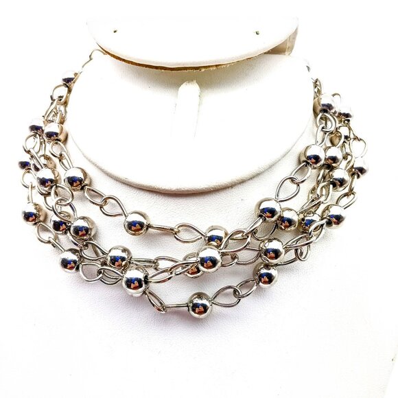 Super Long Vintage Chain Necklace with Silver Tone Beads on Infinity Links - Picture 2 of 4